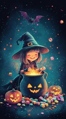 A joyful witch mixes a potion in her bubbling cauldron, surrounded by glowing pumpkins and a sprinkle of Halloween treats under glittering stars