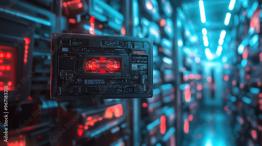 Aufkleber futuristic server room with glowing lights and modern technology, showcasing advanced computing equi