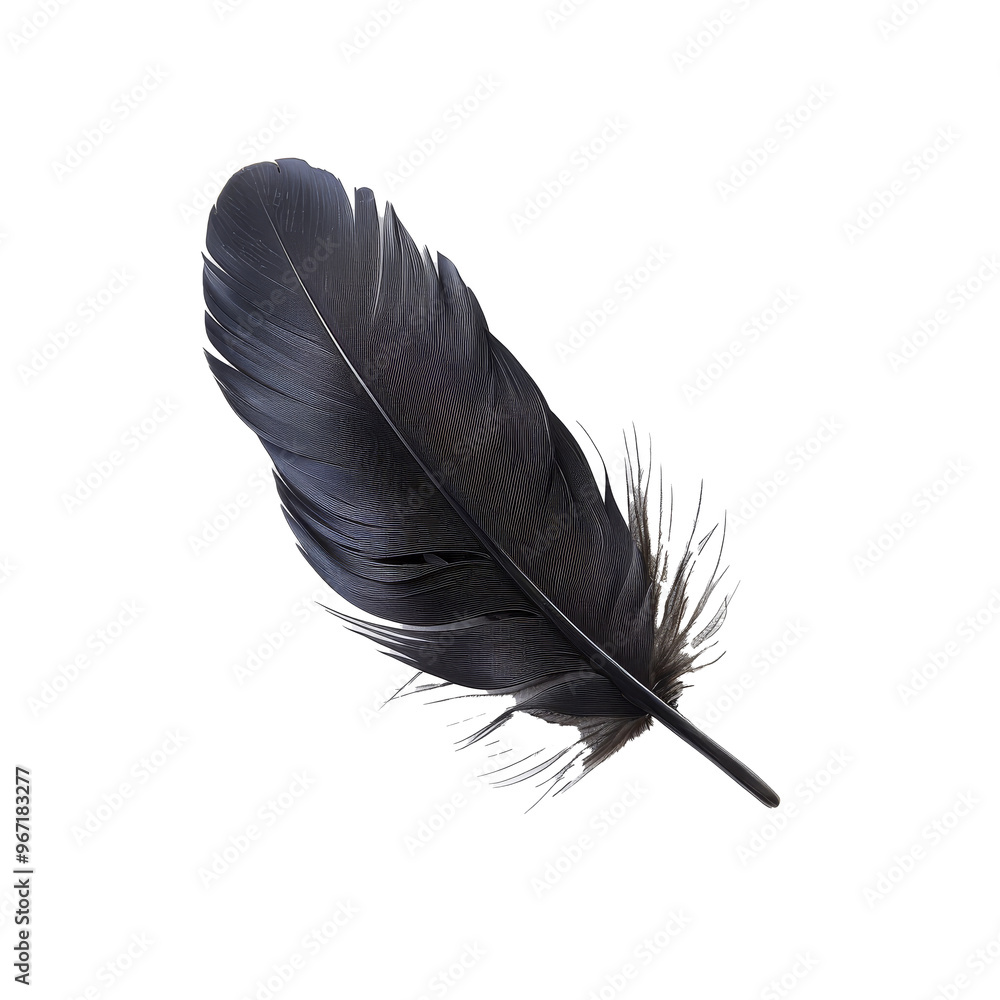 Poster a single black feather resting on a transparent background highlighting its intricate details and te