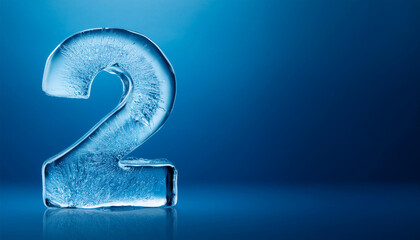 Banner copy space and number two made of water ice on blue background. 3D rendering. Winter season