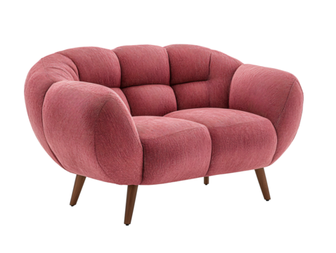a red couch with wooden legs