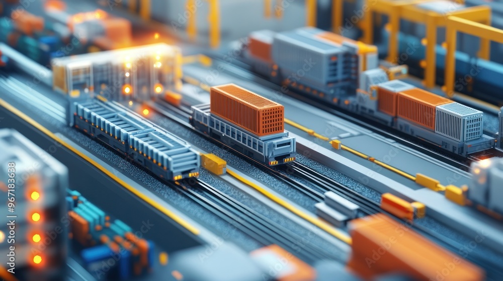 Poster container trains moving on parallel tracks in a modern industrial setting