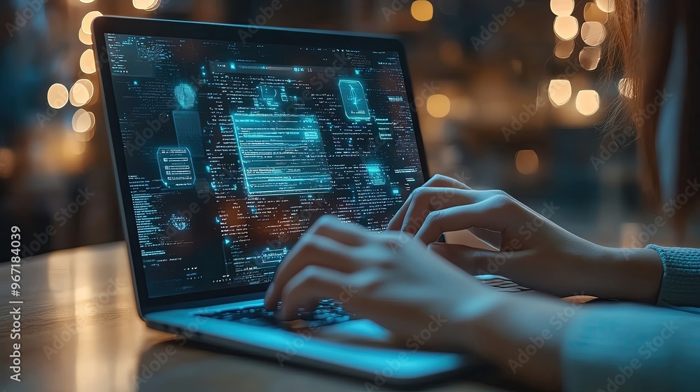 Poster a close-up of hands typing on a laptop, with a vibrant digital interface displayed on the screen in 