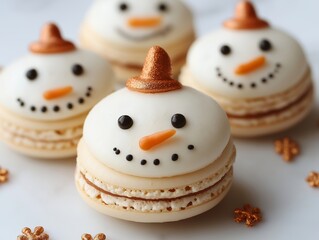 Assorted Christmas macarons designed as snowmen with varied expressions