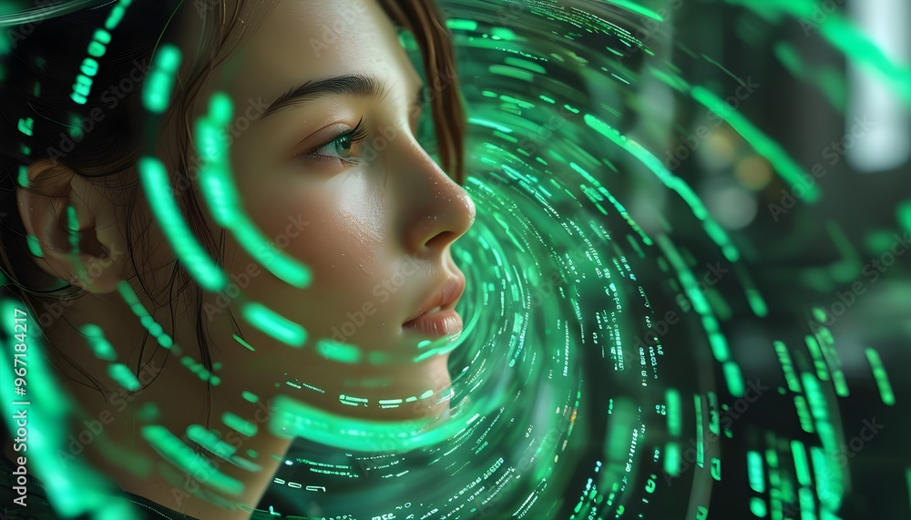 Wall mural Futuristic womans face blurred in digital effect surrounded by swirling green code