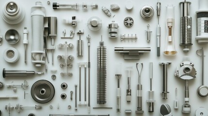 Obraz premium Assorted Chrome and White Metal Components on White Background