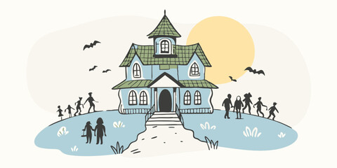 Minimalist Line Art of Haunted House in Creepy Landscape with Eerie Atmosphere
