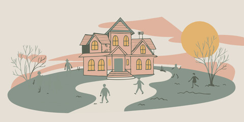 Minimalist Line Art of Haunted House in Creepy Landscape with Eerie Atmosphere
