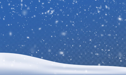 Rain and snow fall on a transparent background. Winter background for Christmas.