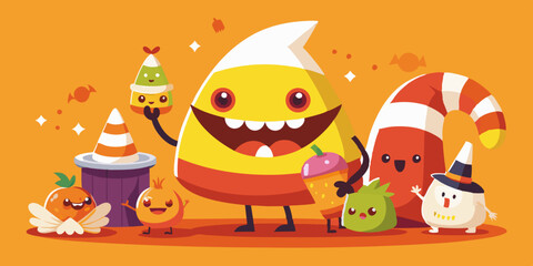 Naklejka premium Candy Corn Vector with Festive Characters Sharing Treats