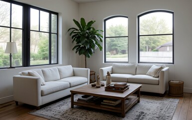 Modern luxury living room with elegant decor and minimalistic design..