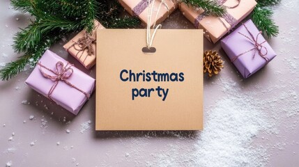 Celebrate a joyful Christmas party surrounded by pink and purple decorations set against a snowy background