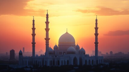 Obraz premium A grand mosque with intricate Islamic architecture, including minarets and domes, against a sunset.