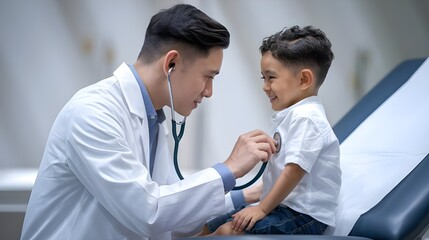 asian male doctor wearing a white lab coat, examining a beautiful young asian boy with a stethoscope.
