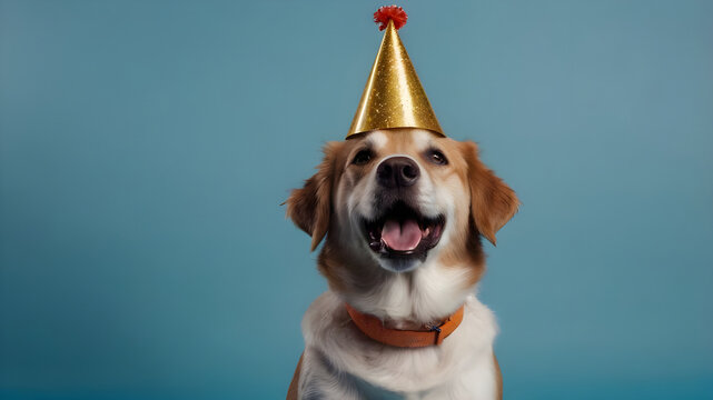 Cute dog celebrating with party hat against a blue background