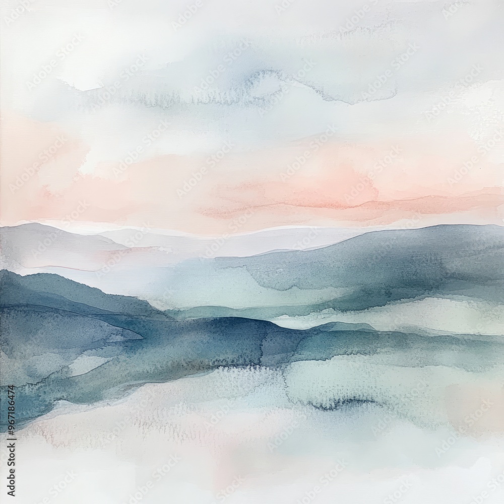 Wall mural Abstract watercolor painting of a landscape with blue and pink hues.