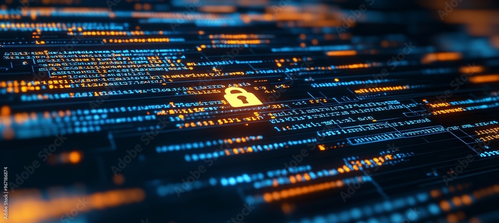 Poster cybersecurity lock on digital code background data protection, network security concept.