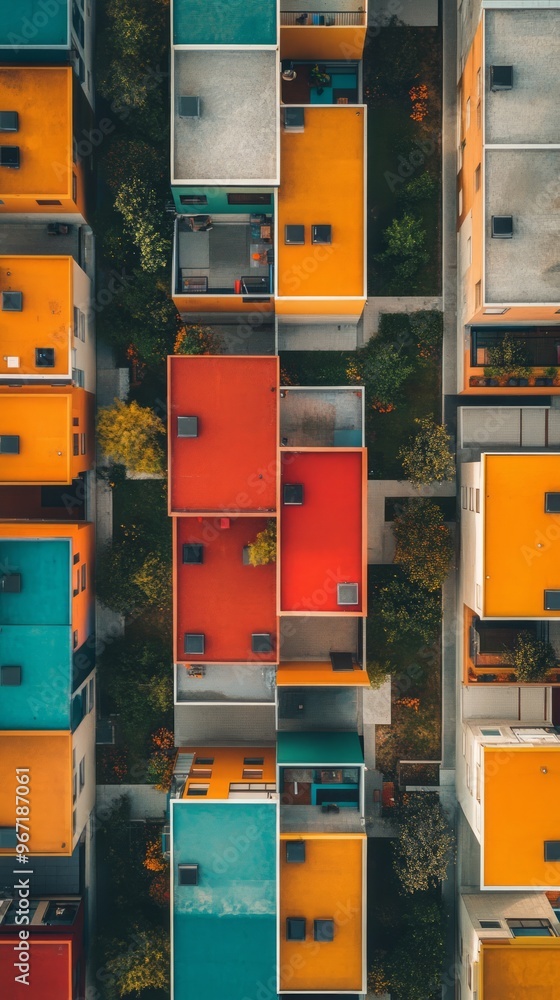 Sticker Aerial view of a colorful neighborhood with vibrant houses and green trees.