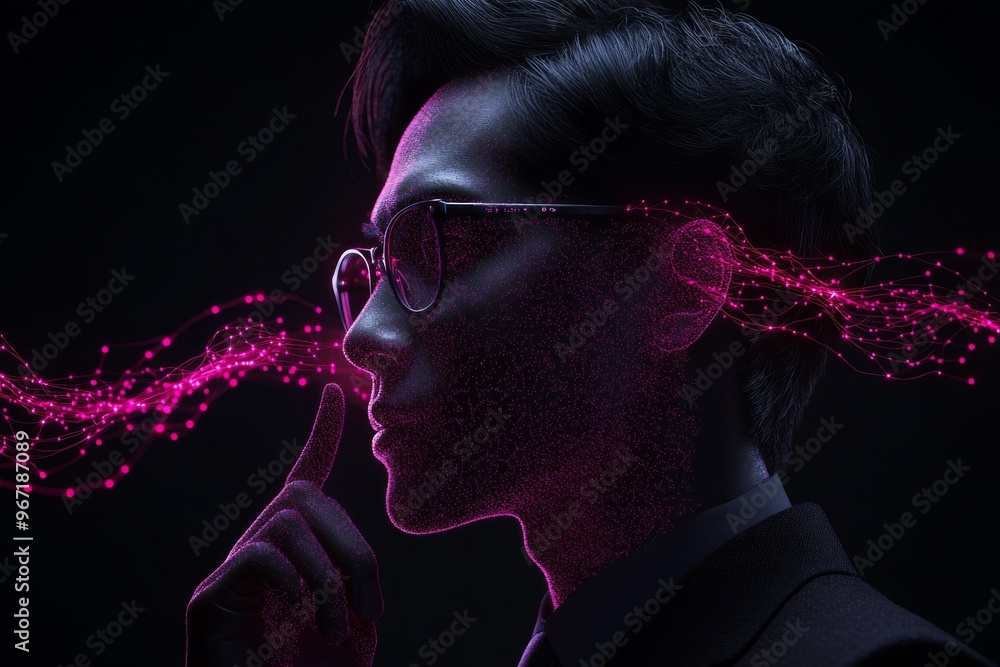 Poster digital brain auditory circuits sci fi and dynamic man exhaling pink particles symbolizing imaginati