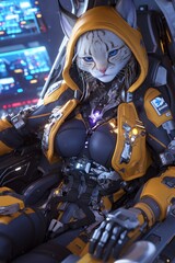 Obraz premium Catgirl Pilot in a Futuristic Cockpit.
