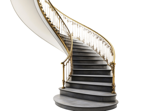a spiral staircase with gold railings