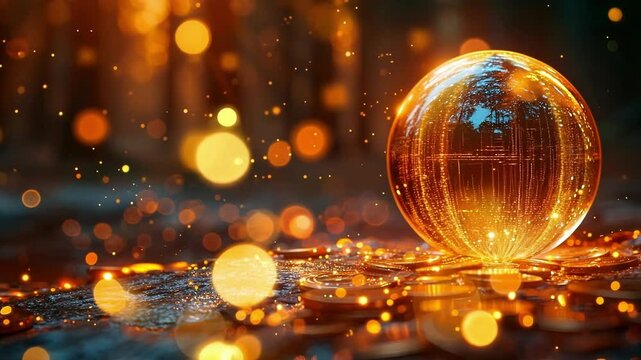 Crystal ball is glowing on a bed of coins, suggesting the use of magic and esoteric knowledge to predict the future of finances and investments