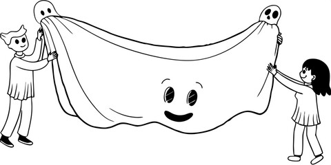 Obraz premium Spooky Minimalist Line Art Of Giant Ghost Sheet with Hiding People 