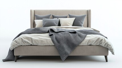 Interior details. Comfortable gray bed with linens on white background