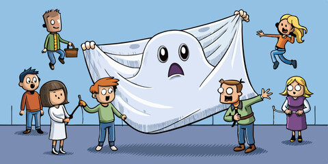 Naklejka premium Giant Ghost Sheet with People Hiding and Decorating in a Spooky Scene 