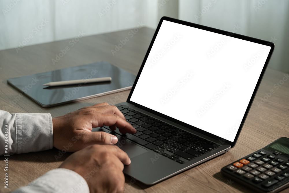 Poster mock up using laptop with blank screen computer modern