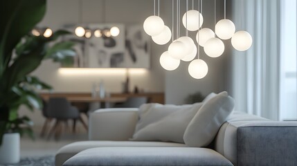 Turn on the light: A cluster of modern LED lightbulbs hanging from a sleek, geometric chandelier, bright white light illuminating a minimalist, contemporary living room, the mood is vibrant and