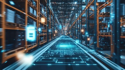 Futuristic Warehouse with Glowing Digital Pathways