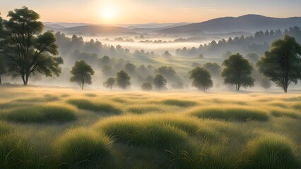 Obraz premium A field of grass with trees in the background