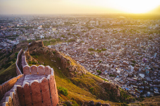 view of Jaipur, the capital of Rajasthan, over Nahargarh Fort in India