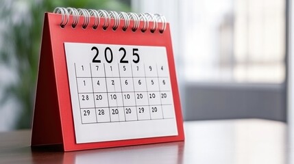 A vibrant red desk calendar displaying the year 2025 against a softly blurred background of glass reflections