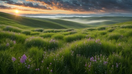 A field of grass with purple flowers and a sun in the background