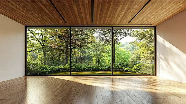 Modern contemporary loft empty room with open door to garden 3d render. The Room. have concrete and wooden plank wall, parquet floor, plants, panoramic