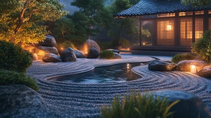 Zen temple garden with carefully arranged stones and flowing water.