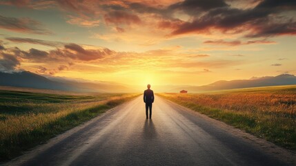 A man is walking down a road at sunset