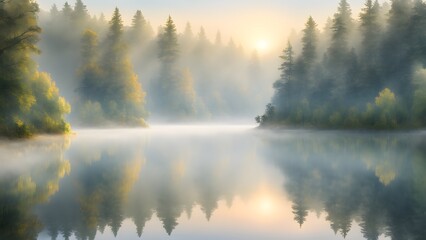 Fototapeta premium A misty forest with a lake in the background