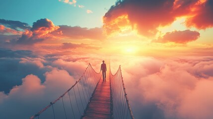 A person is walking on a bridge over a cloud-filled sky