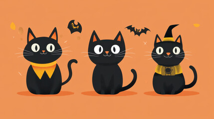 Cute black cats in Halloween costumes, featuring witch hat, bat, and pumpkin design, create playful and festive atmosphere. Perfect for Halloween themed decorations!