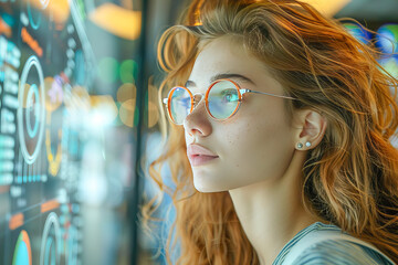 Businesswoman analyzing data on transparent screen in office building