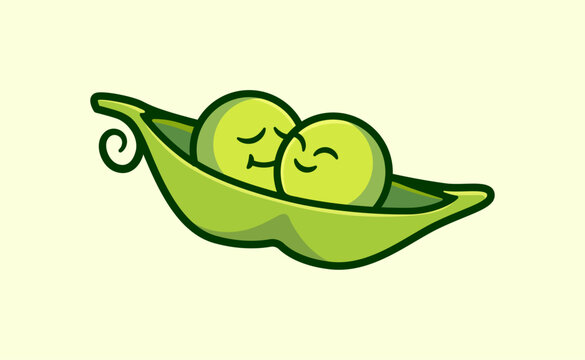 Whimsical Cartoon Vector Illustration of Two Adorable Green Peas Nestled Together in a Pod, Symbolizing Love and Friendship