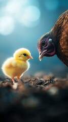 Obraz premium Tender Moment Between Mother Hen and Cute Yellow Chick Outdoors