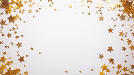 A scattering of confetti in the form of golden stars on a gray background with copy space. Holiday concept.