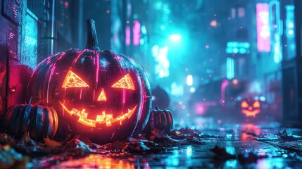 Futuristic Cyberpunk Pumpkins with Glowing Holographic Accents and Neon Digital Carvings