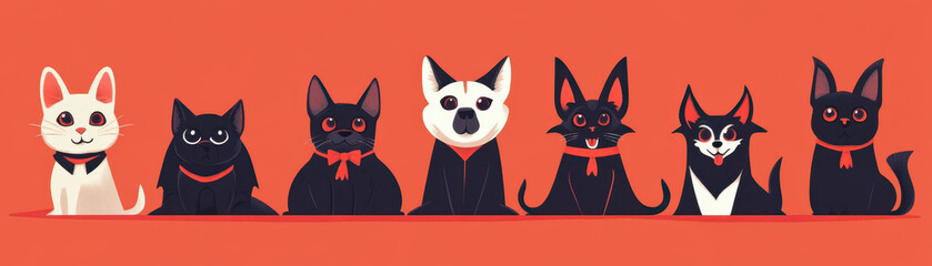 Fototapeta premium Cute cats and dogs in Halloween vampire costumes, featuring variety of playful expressions and colors against vibrant orange background
