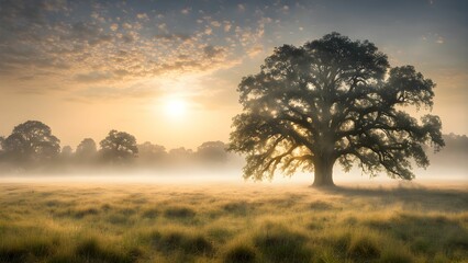 Obraz premium A large tree stands in a field with a cloudy sky in the background