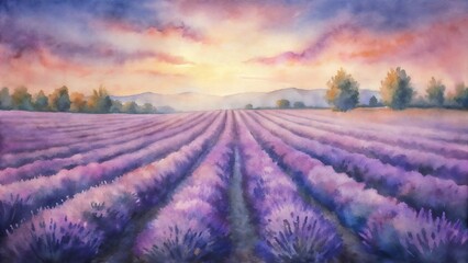 Fototapeta premium Stunning watercolor lavender fields at sunset with vibrant colors for scenic decoration and inspiration